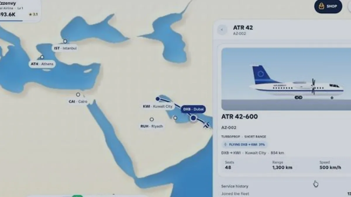 ATR 42-600 fleet panel showing seats, range and speed
