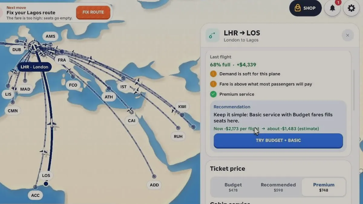 Ticket price tiers shown on a Run an Airline route card