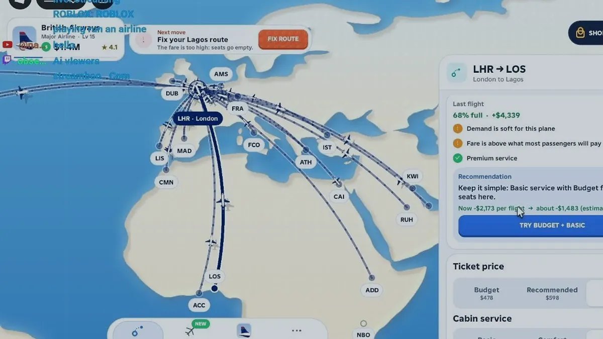 Route card and map from Run an Airline